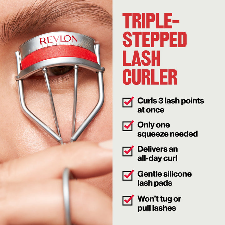 Triple-Stepped Eyelash Curler: 3 lash points at once, one squeeze, all-day curl, silicone pads, won't pull
