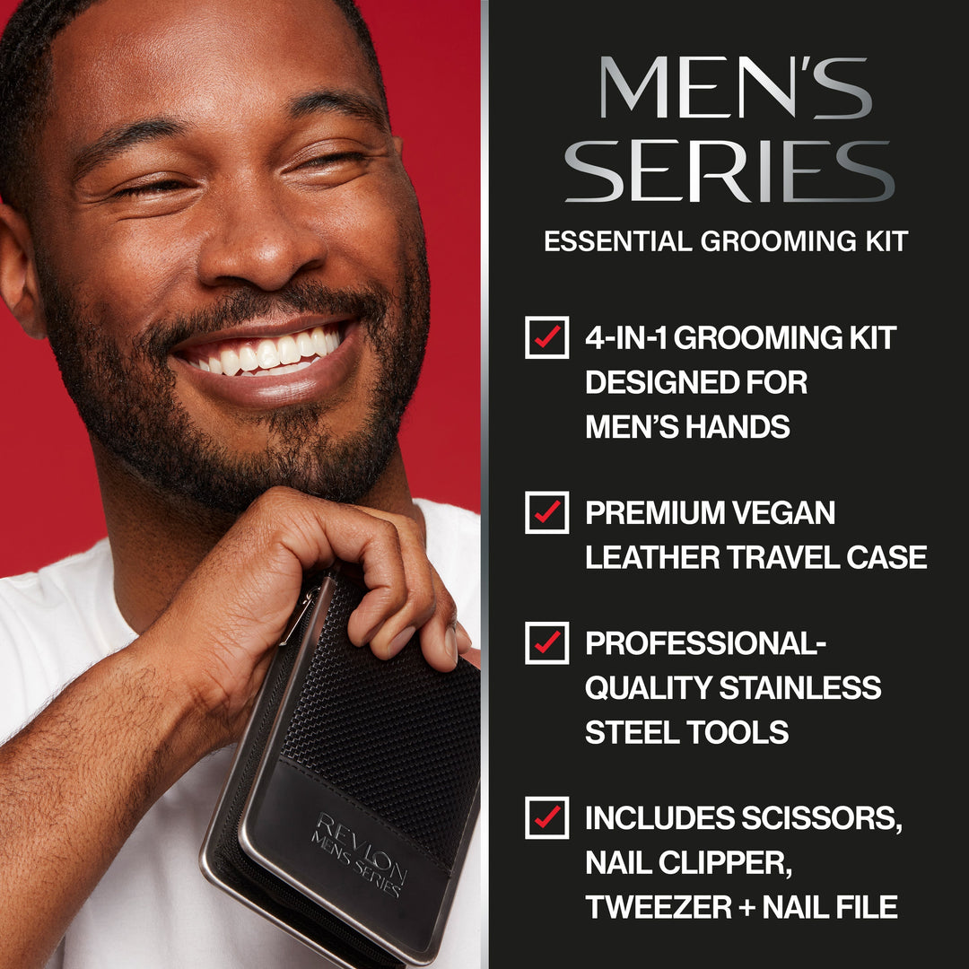 Men's Series Essential Grooming Kit: 4 in 1, vegan leather, stainless steel, scissors, nail clipper, tweezer, nail file