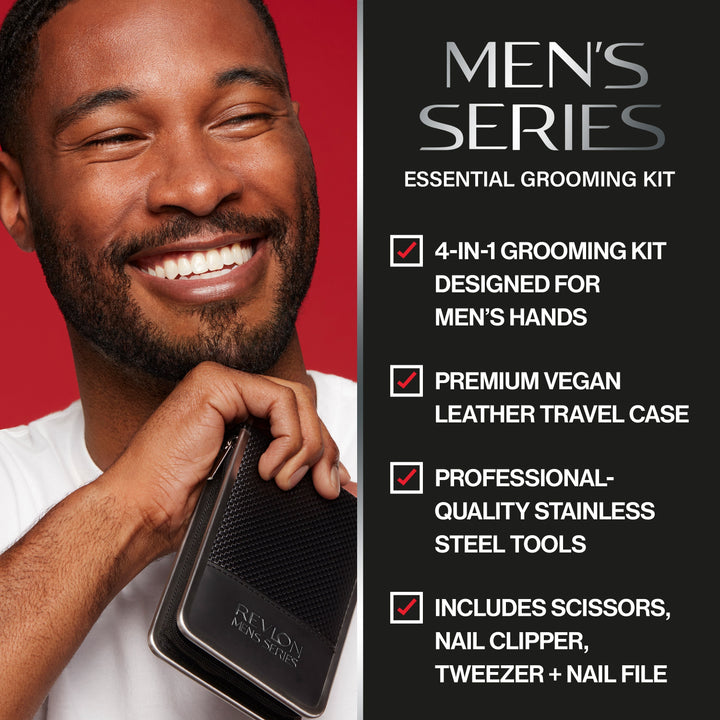 Men's Series Essential Grooming Kit: 4 in 1, vegan leather, stainless steel, scissors, nail clipper, tweezer, nail file
